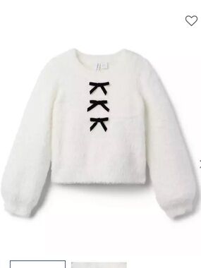 JANIE JACK COZY BOW SWEATER White Fuzzy Pullover Sweater with Black Bow Accents